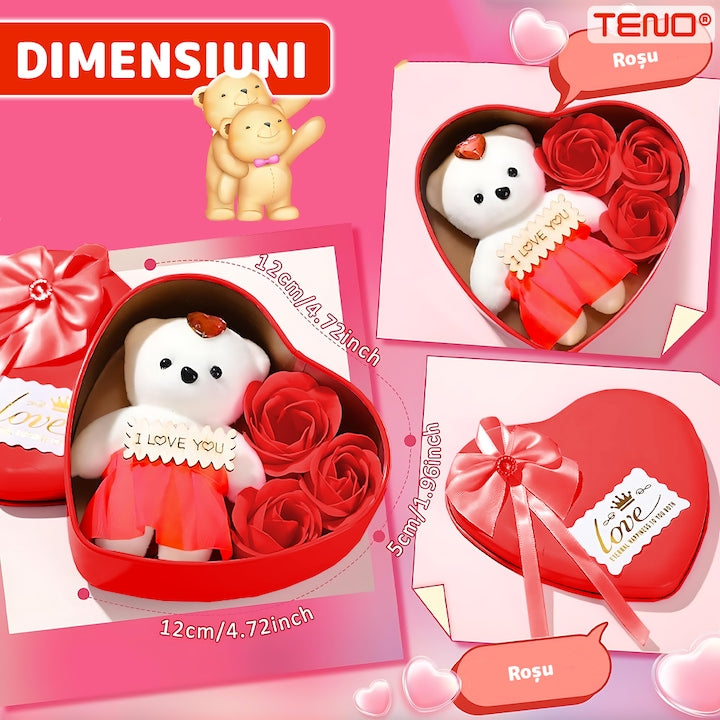 Ursulet cu Trandafiri din Sapun Parfumati Teno®, cutie in forma de inimioara, mesaj pe tablita din lemn ”I LOVE YOU”, 3 trandafiri, fustita si cristal, rosu