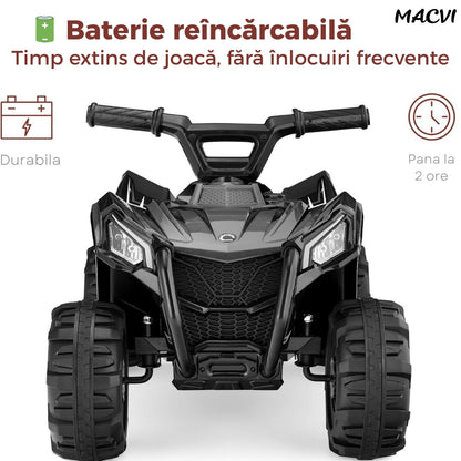 ATV Electric MACVI® pentru Copii cu Motor 6V si Baterie Reincarcabila, Potrivit 18-36 Luni, Control Simplu si Siguranta Sporita, Negru