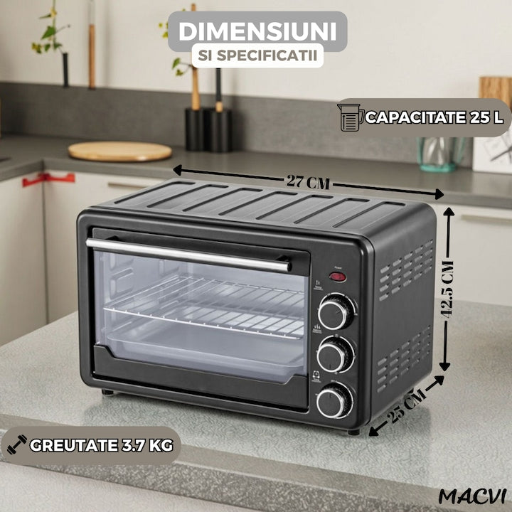 Cuptor Electric Multifunctional 25L, 1500W, Inox, Temperatura Reglabila 90-250°C, Timer 60 min, Functii Coacere, Prajire, Mentinere Cald, Accesorii Incluse