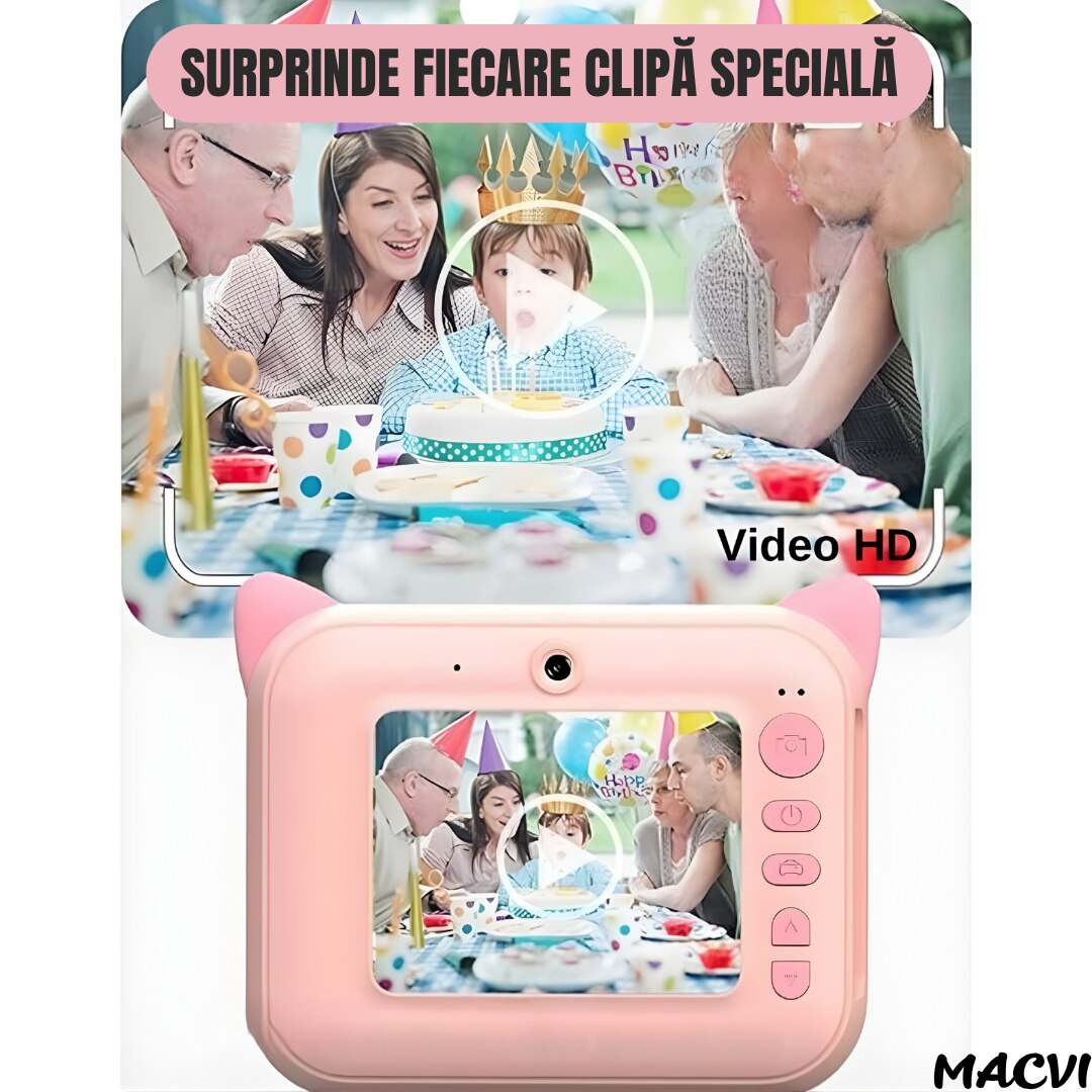 Aparat Foto pentru Copii Macvi® cu Imprimare Instant, Ecran 2.4 inch, 20 Mpx, Full HD 1080P, Selfie, Jocuri, Reincarcabil, 1 rola hartie inclusa, Roz