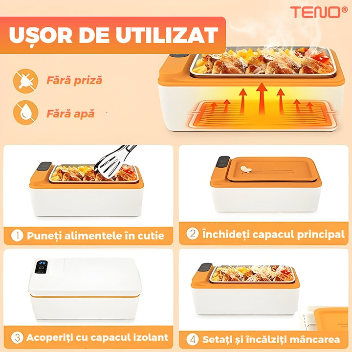 Cutie de Pranz Electrica Teno®, cu incalzitor portabil, otel inoxidabil, pentru adulti, birou, rezistenta, termoizolanta, afisaj digital, alb