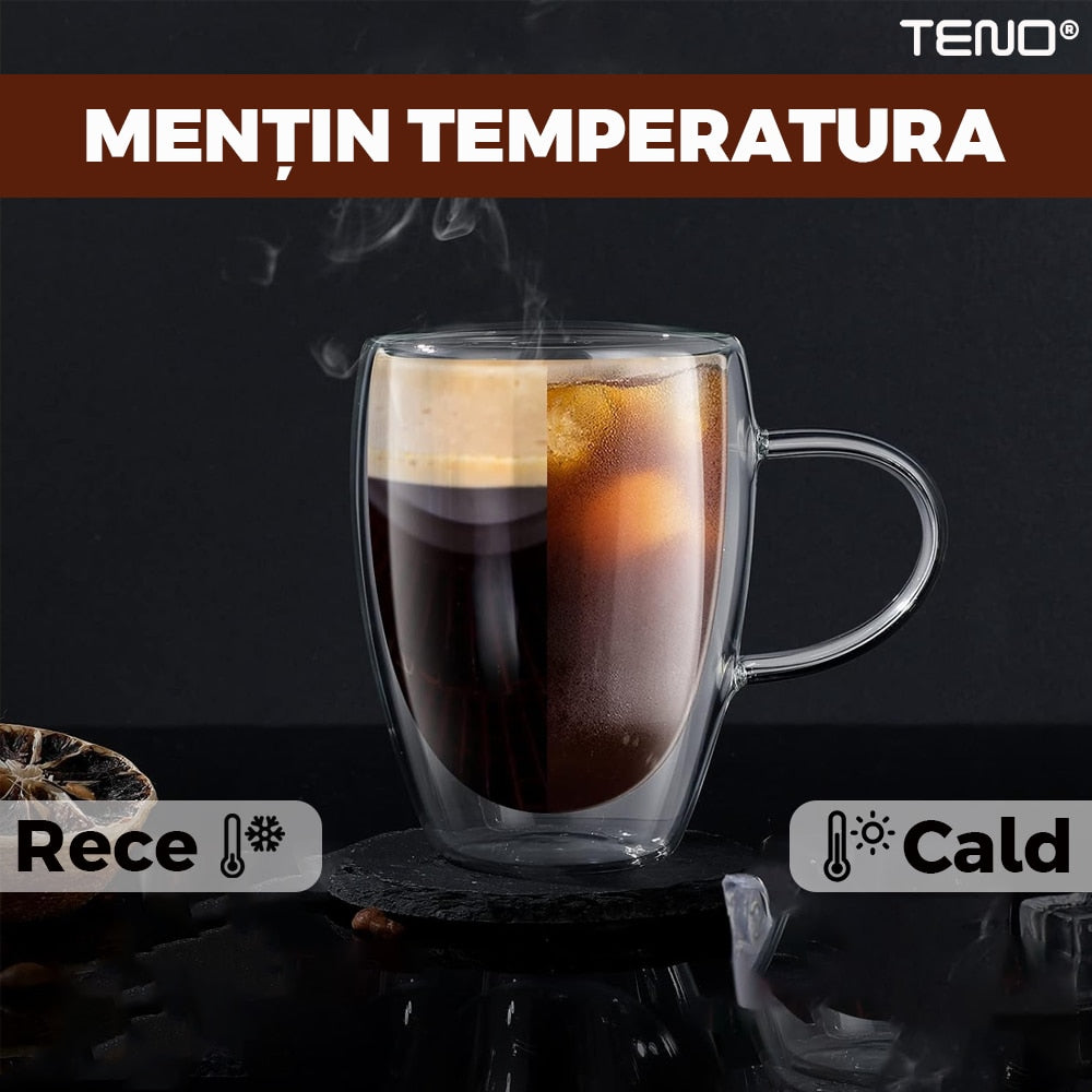 Set 2 Cani de Sticla cu Perete Dublu Teno®, model rotund, design modern, termorezistente, capacitate 350 ml, 12 x 9 cm