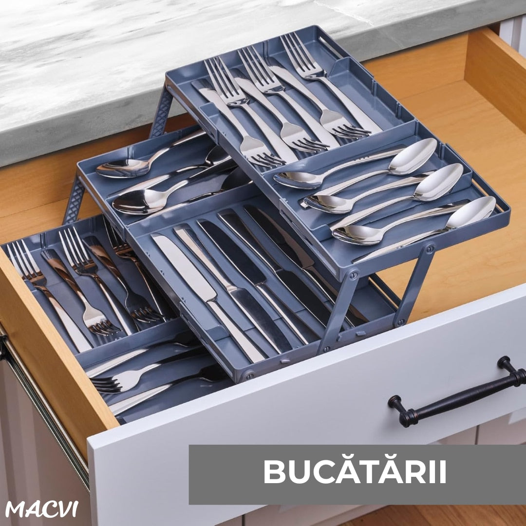 Macvi® Organizator Sertar Extensibil pe 3 nivele pentru Bijuterii si Cosmetice, 24, 13 x 19, 05 x 6, 99 cm, Negru, Sistem Reglabil cu Compartimente