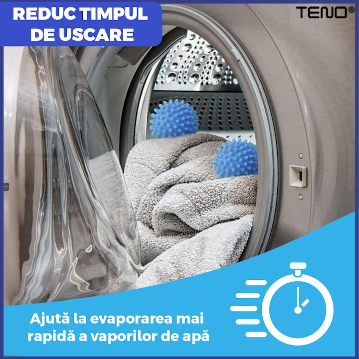 Set 2 Bile pentru Masina de Spalat si Uscator Teno®, reduc timpul de uscare al hainelor, ajuta impotriva sifonarii si incurcarii hainelor, previn incarcarea statica, compacte, reutilizabile, albastru