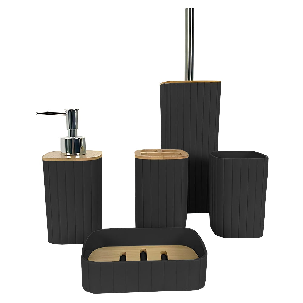 Set 5 Accesorii de Baie Teno®, dispenser de sapun, suport de periute, perie de toaleta, suport sapun, detalii din bambus, materiale rezistente, design minimalist, negru