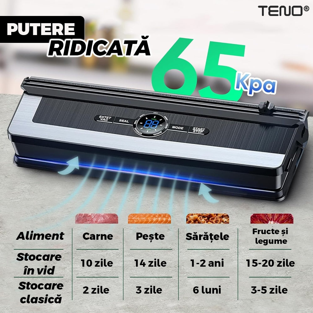 Aparat de Vidat si Sigilat PRO Teno®, functie de sigilare si vidare automata, vidare externa, 8 moduri de operare, putere ridicata, 65 kpa, furtun inclus, cutter incorporat, afisaj digital, negru