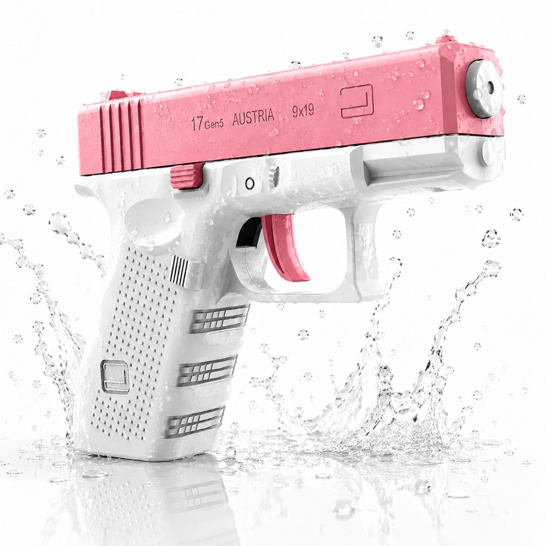 Pistol cu apa copii Macvi®, alb cu roz, actionare manuala, jucarie vara exterior, dezvoltare dexteritate, 11.5 x 10 x 2.5 cm