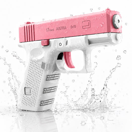 Pistol cu apa copii Macvi®, alb cu roz, actionare manuala, jucarie vara exterior, dezvoltare dexteritate, 11.5 x 10 x 2.5 cm