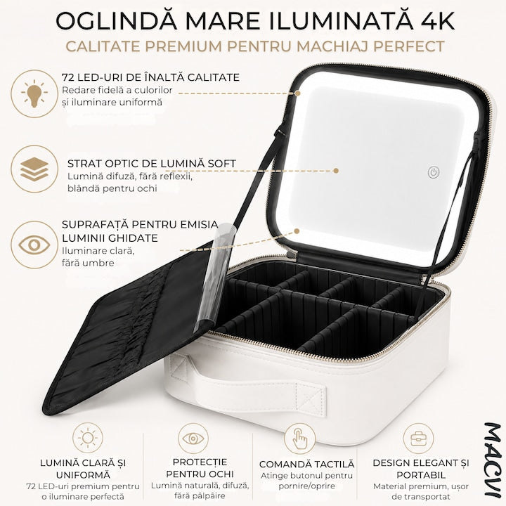 Organizator Machiaj cu Oglinda LED Macvi® 2000mAh, 3 Temperaturi Lumina, 76 LED, Compartimente Reglabile Rotire 360°, Incarcare USB, Geanta Cosmetice Impermeabila, Alb, 27x24x11 cm