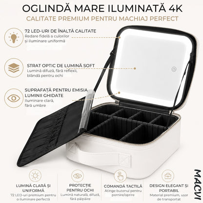 Organizator Machiaj cu Oglinda LED Macvi® 2000mAh, 3 Temperaturi Lumina, 76 LED, Compartimente Reglabile Rotire 360°, Incarcare USB, Geanta Cosmetice Impermeabila, Alb, 27x24x11 cm