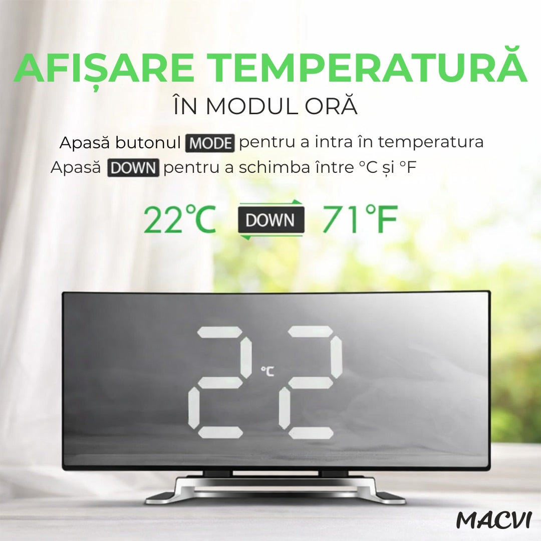 Ceas de masa tip oglinda Macvi® , model DT-6507, ecran LED curbat, afisare temperatura, Verde