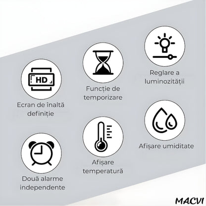 Ceas digital de masa si perete Macvi® 24 x 9 cm afisaj LED verde alarma snooze calendar cronometru termometru luminozitate reglabila