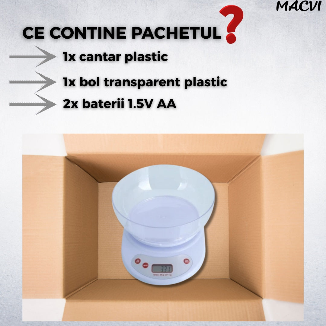 Cantar de Bucatarie Macvi® cu Bol, 5 Kg, Display LCD, Inchidere Automata