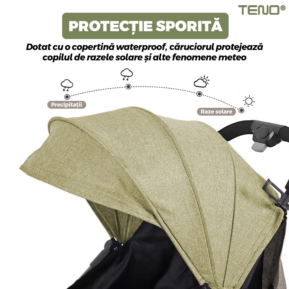 Carucior Sport pentru Bebelusi Teno®, pliabil, usor de carat, sezut reglabil, spatios, cosulet dorsal, copertina retractabila, greutate maxima suportata 25 kg, kaki