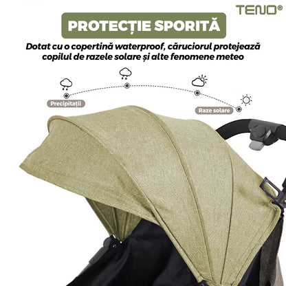 Carucior Sport pentru Bebelusi Teno®, pliabil, usor de carat, sezut reglabil, spatios, cosulet dorsal, copertina retractabila, greutate maxima suportata 25 kg, kaki