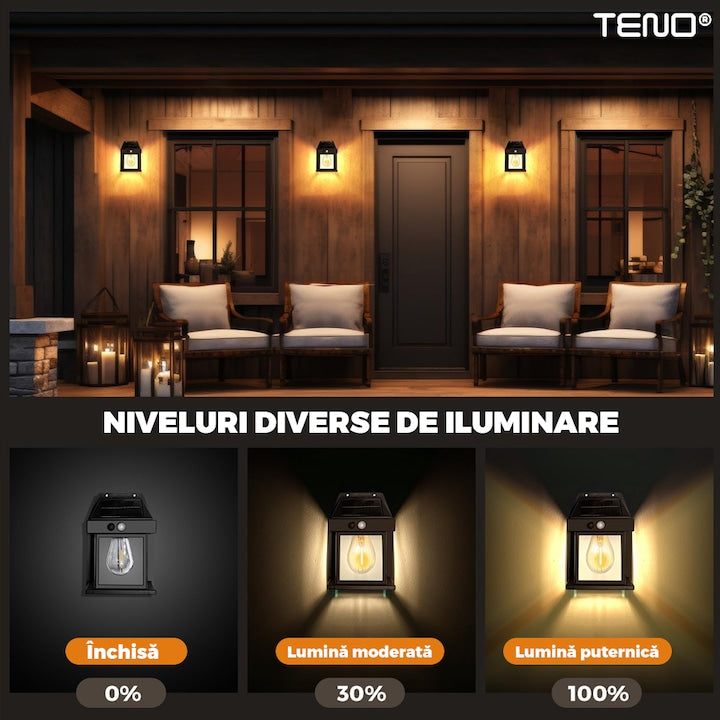 Lampa Solara de Perete LED Tip Felinar Teno®, senzor de miscare 5-8 metri, fara fir, 3 moduri de iluminare, protectie IP65, Waterproof, exterior, negru