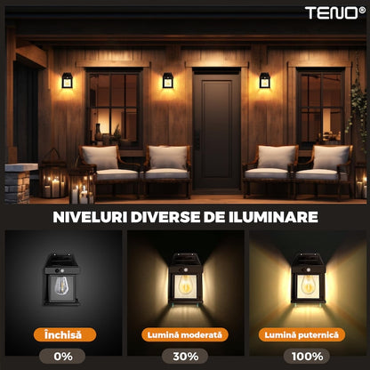 Lampa Solara de Perete LED Tip Felinar Teno®, senzor de miscare 5-8 metri, fara fir, 3 moduri de iluminare, protectie IP65, Waterproof, exterior, negru