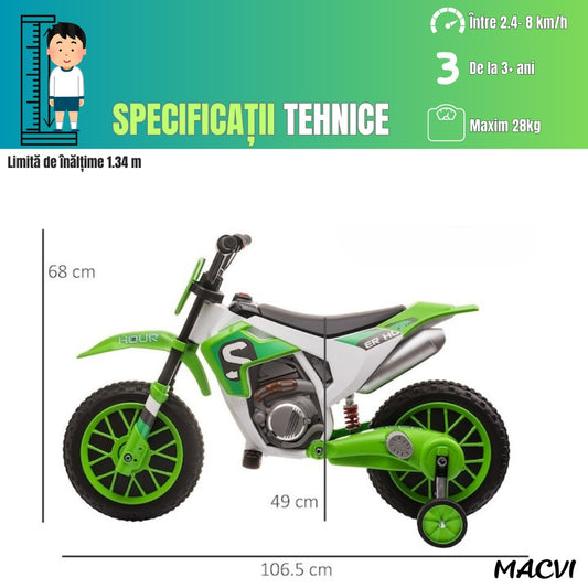 MOTOCICLETA CU ROTI AJUTATOARE VERDE