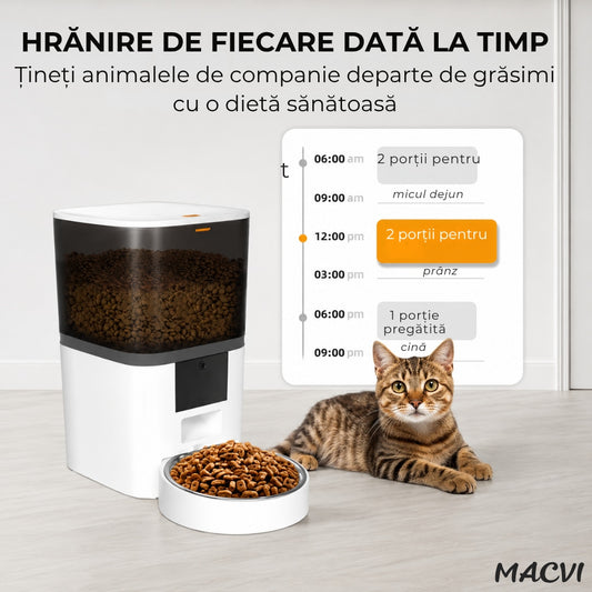 Dozator Automat Hrana Animale Macvi® 6L Conectare Baterii(neincluse) sau Priza, Control din Telefon, WiFi, Vas Inox, Programare Mese pentru Caini si Pisici