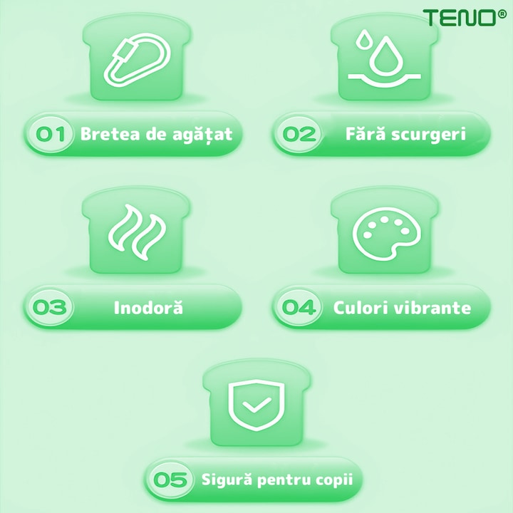Sticla de Apa pentru Copii Teno®, forma de toast, fara BPA, anti-scurgere, usor de curatat, curea reglabila inclusa, pentru copii, 380 ml, verde