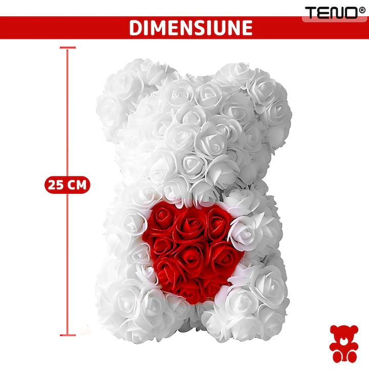 Ursulet din Trandafiri de Spuma Teno®, floral alb cu burtica rosie, handmade, cutie transparenta, 25 cm