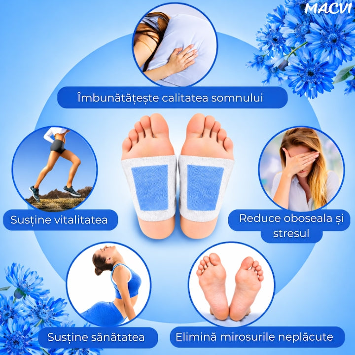 Set 10 Plasturi Plasturi Detox KINOKI Macvi® pentru Picioare cu floare albastra, Detoxifiere Naturala, Eliminare Toxine, Reducere Miros Neplacut, Imbunatatire Somn, Relaxare si Revitalizare