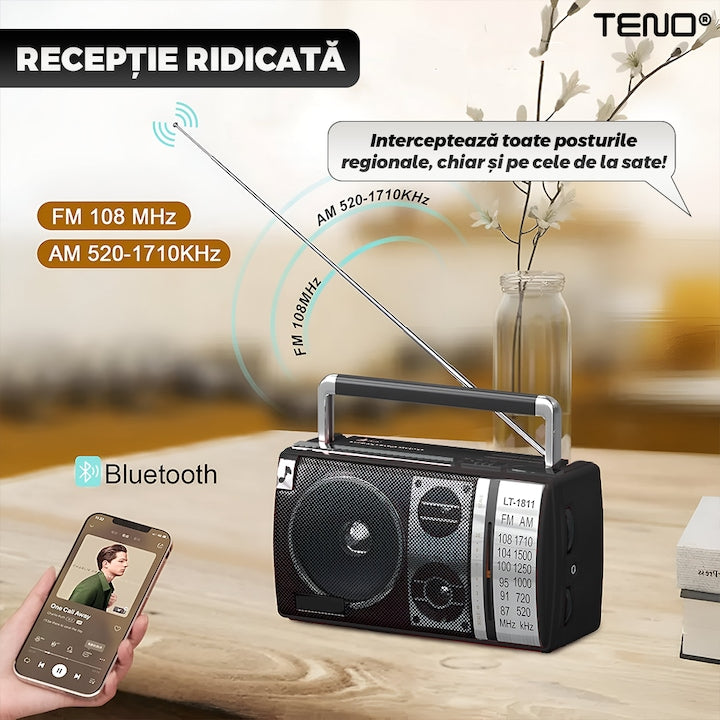 Radio Portabil Teno®, FM/AM, mod dual de alimentare, baterii/la priza, receptie ridicata ce prinde posturi regionale/la sate, port jack 3.5 mm, negru