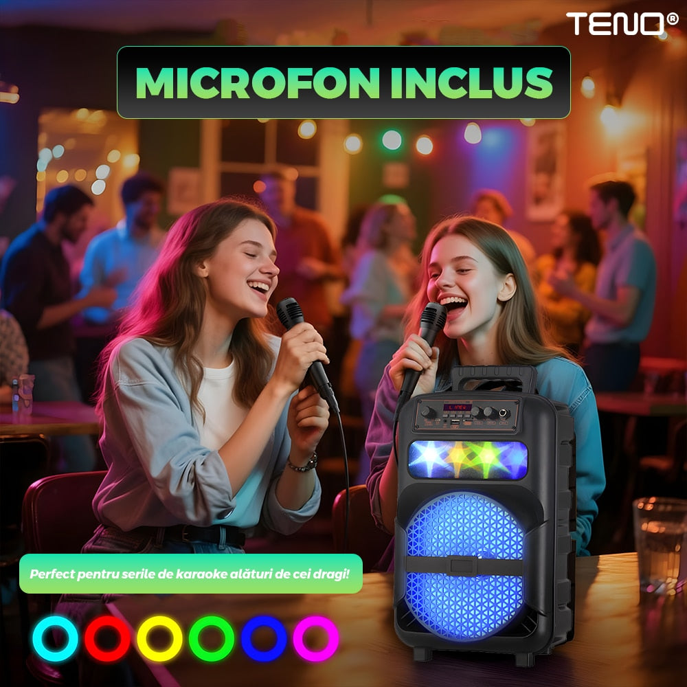 Boxa Portabila, Teno, microfon inclus, lumini LED, negru, set complet, 1200 W