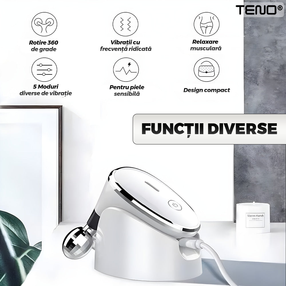 Aparat pentru Tratament Facial cu Microcurenti Teno®, lifting facial 3D, microcurenti EMS, antirid, remodelare, fermizare, suport inclus, cablu de alimentare, alb