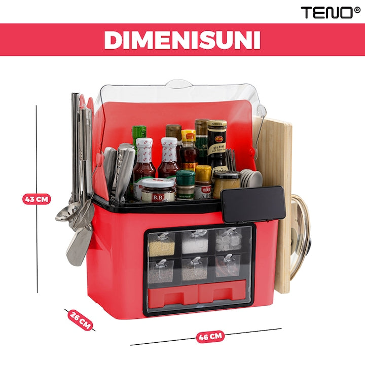 Organizator Multifunctional pentru Bucatarie Teno®, suport sticle, rafturi pentru condimente, cuier pentru ustensile, suport cutite, 46 x 26 x 43 cm, rosu