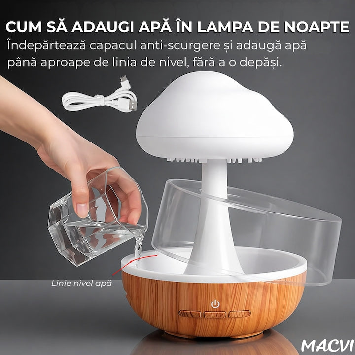 Umidificator si Difuzor Aromaterapie Macvi® Nor de Ploaie, 7 Culori LED, Sunet Relaxant, USB, 400 ml