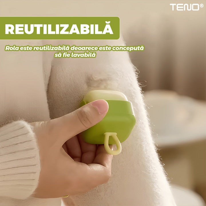 Mini Rola Scame Teno®, reutilizabila prin spalare, silicon lavabil, indepartare scame/par animale/praf, pentru mobilier/haine, compacta, 4.5 x 4.5 cm, verde/crem