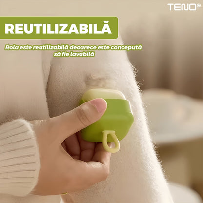 Mini Rola Scame Teno®, reutilizabila prin spalare, silicon lavabil, indepartare scame/par animale/praf, pentru mobilier/haine, compacta, 4.5 x 4.5 cm, verde/crem