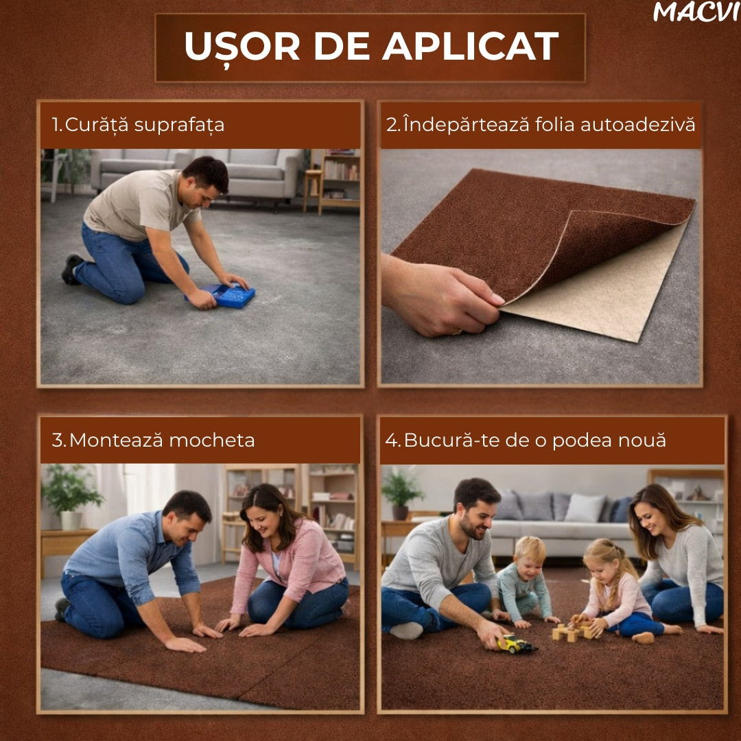 Mocheta scari Macvi® dale autoadezive 60x60 cm, 1 buc. mocheta textila, ajustabila, montaj rapid fara unelte, curatare usoara, potrivita pentru scari, camera copiilor, dressing, aplicare rapida