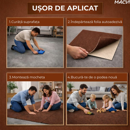 Mocheta scari Macvi® dale autoadezive 60x60 cm, 1 buc. mocheta textila, ajustabila, montaj rapid fara unelte, curatare usoara, potrivita pentru scari, camera copiilor, dressing, aplicare rapida