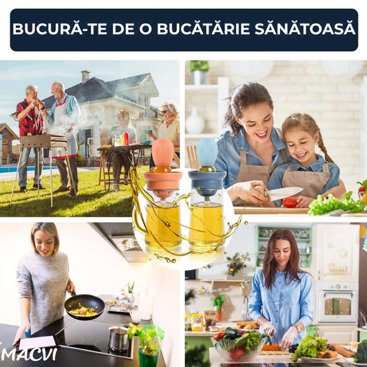 Sticla pentru ulei Macvi® cu pensula din silicon, scala precisa, rezistenta la caldura, usor de curatat, ideala pentru gatit, copt si grill, Multicolor