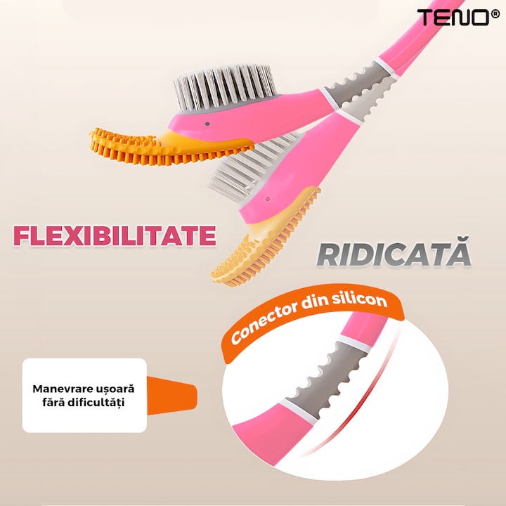 Perie pentru Toaleta Ratusca Teno®, din silicon, model adorabil, carcasa ou, suport adeziv montabil pe orice suprafata, 2 capete, capat cioc din silicon, capat cu peri pentru pete, roz