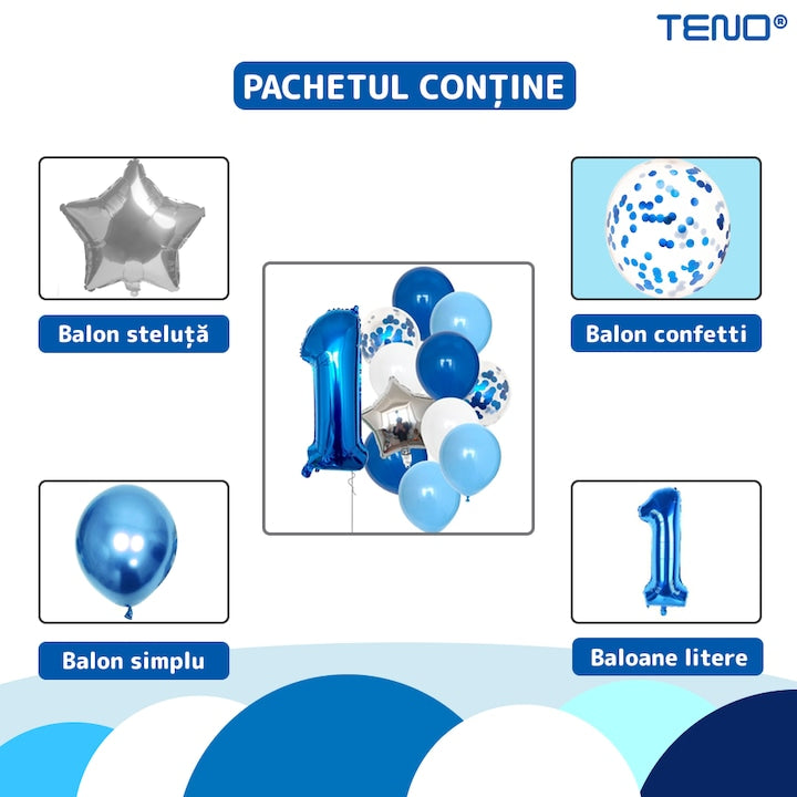Set 12 Baloane Teno®, Cifra 1, pentru Petreceri/Aniversari/Evenimente, Stea/Rotunde/Confetti, 3 culori, latex, albastru