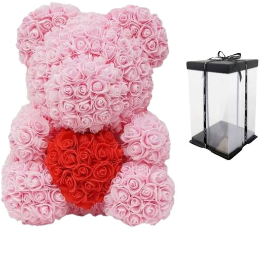 Ursulet Cu Inima Trandafiri Spuma Macvi®, 24 cm, Cutie Cadou Inclusa, Roz, Decor Romantic, Cadou Valentine Aniversare