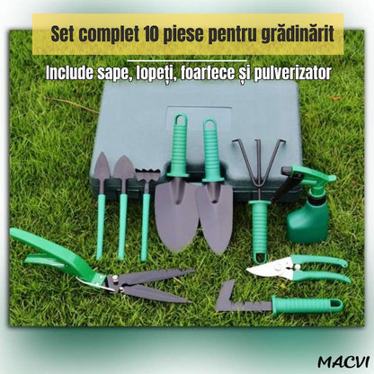 Set accesorii gradinarit Macvi® 10 piese, unelte din inox si plastic, foarfeca, lopata, pulverizator, geanta inclusa