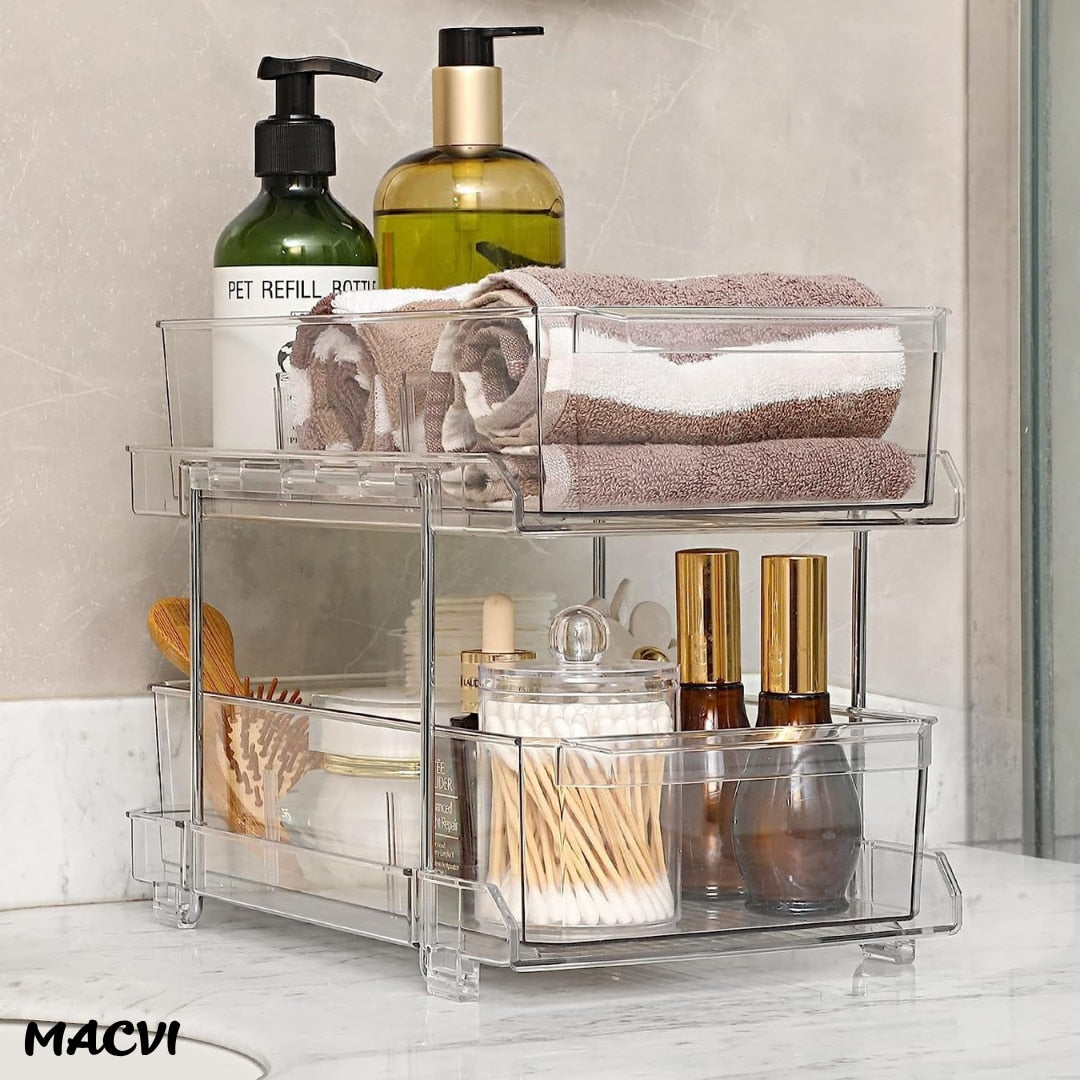Organizator frigider Macvi® slide-out 2 nivele, transparent, sertare glisante, separatoare detasabile, 33x23x19 cm