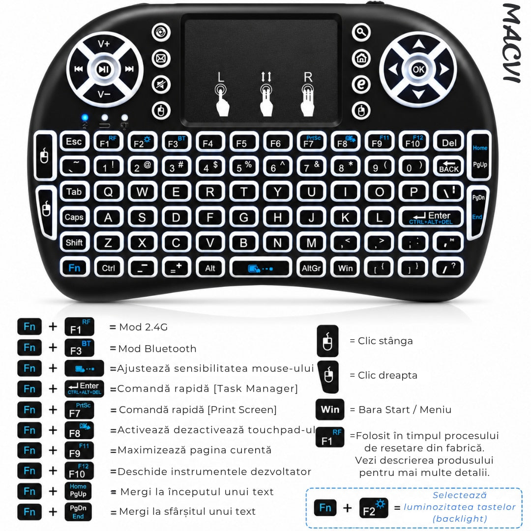 Tastatura Wireless Macvi® i8 RGB Air Mouse Touchpad Iluminata pentru Smart TV Android TV Box PC Laptop Reincarcabila