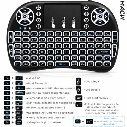 Tastatura Wireless Macvi® i8 RGB Air Mouse Touchpad Iluminata pentru Smart TV Android TV Box PC Laptop Reincarcabila