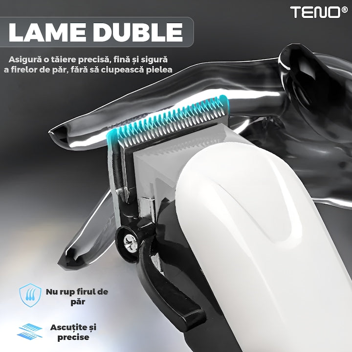 Aparat de tuns barba Teno®, afisaj digital, 4 piepteni inclusi, incarcare la retea, lame ascutite, usor de curatat, trimmer profesional, alb