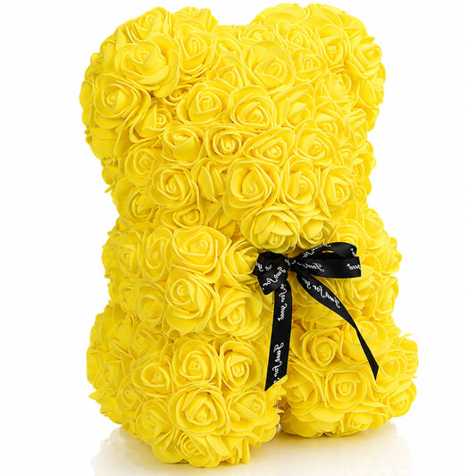 Ursulet Cu Inima Trandafiri Spuma Macvi®, 24 cm, Cutie Cadou Inclusa, Galben, Decor Romantic, Cadou Valentine Aniversare