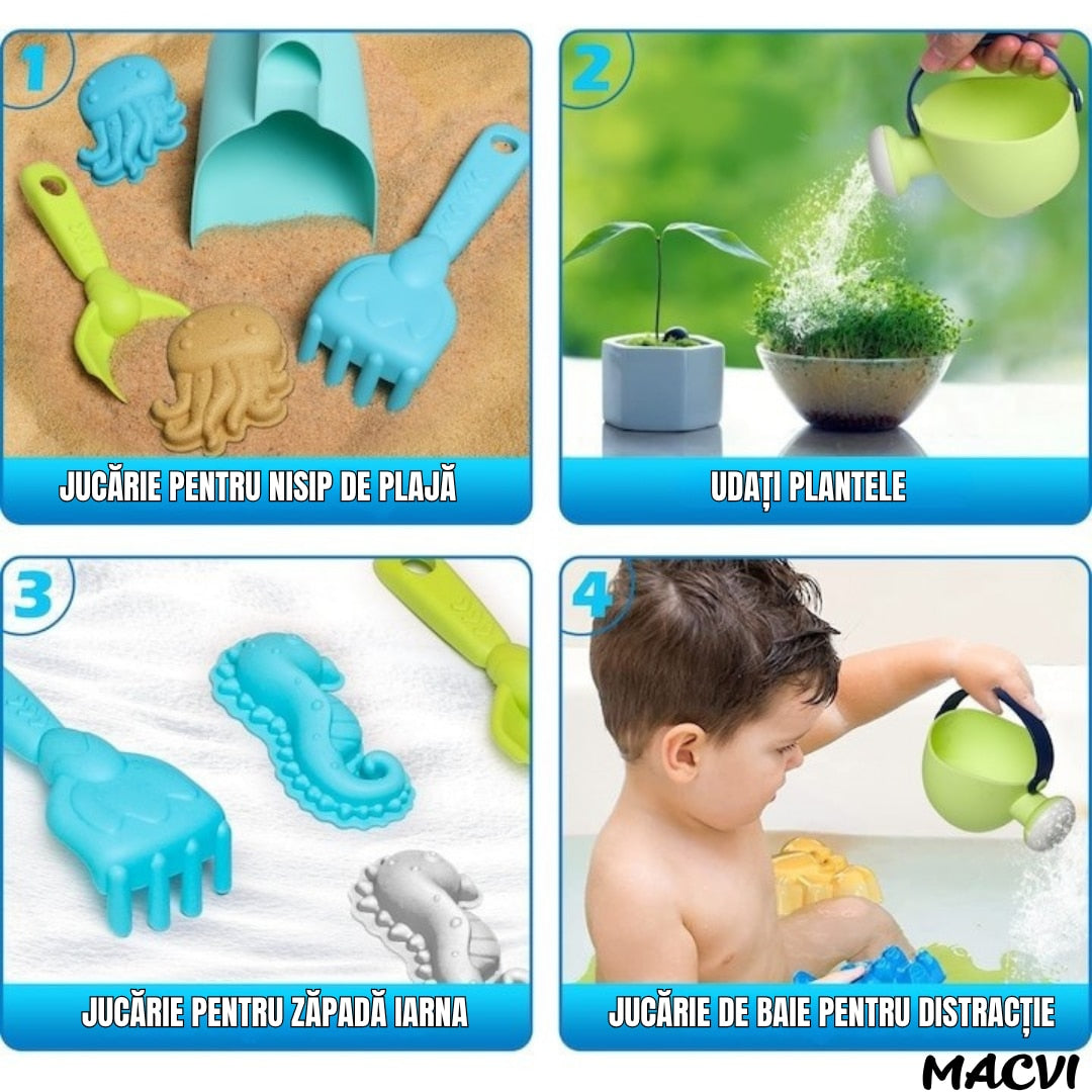 Masa de apa 2 in 1 Macvi® pentru copii, cu 8 accesorii interactive, multicolor, recomandata 3 ani+