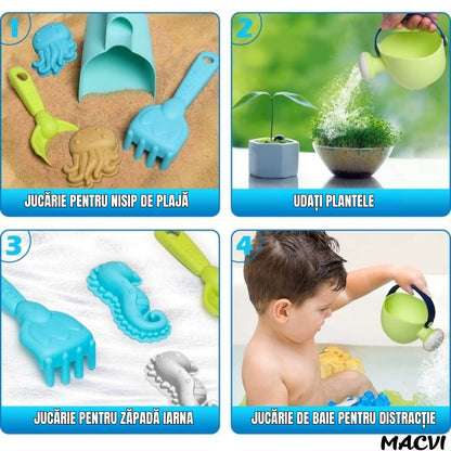 Masa de apa 2 in 1 Macvi® pentru copii, cu 8 accesorii interactive, multicolor, recomandata 3 ani+