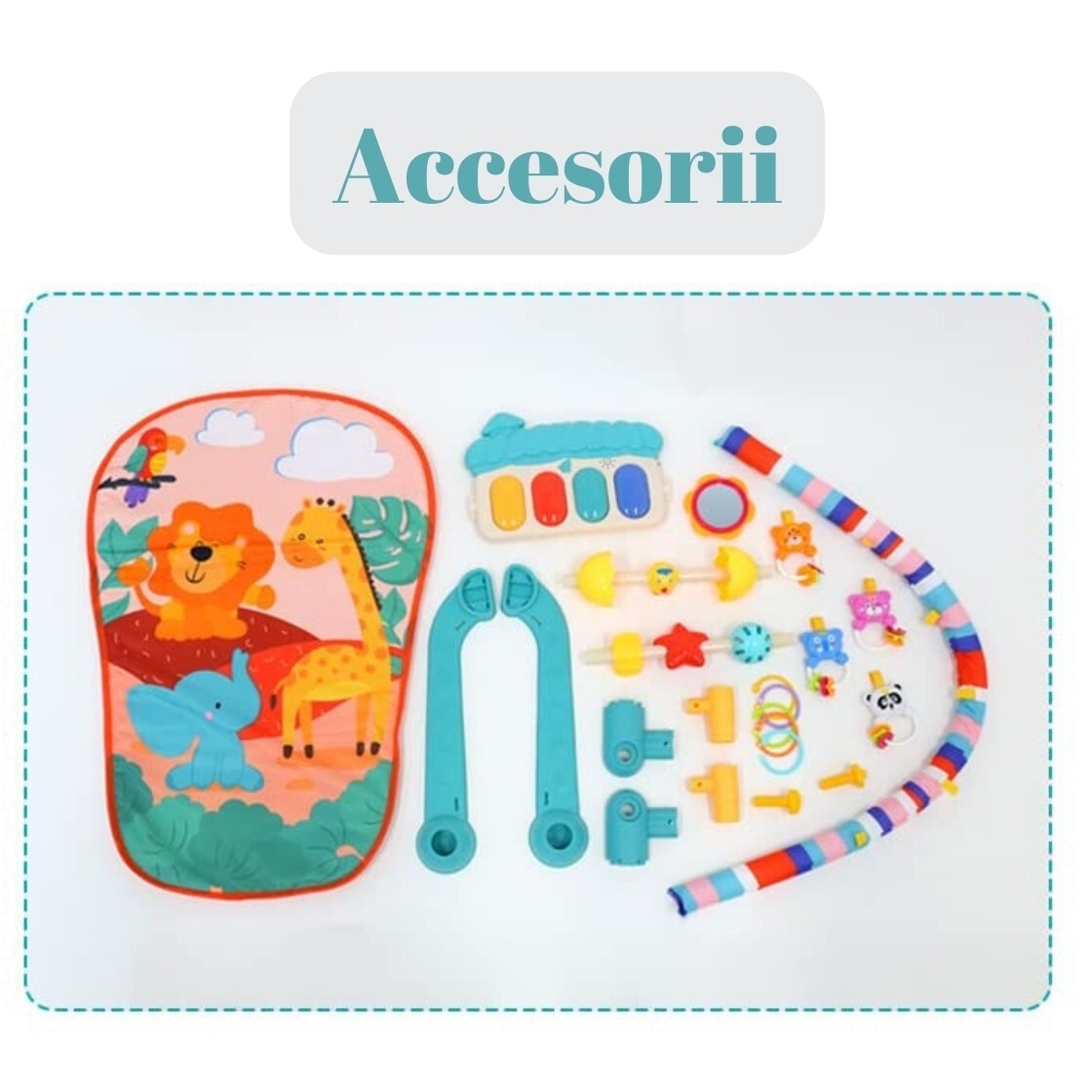 Centru de activitate si covoras bebelusi Macvi®, pian muzical interactiv, 5 jucarii detasabile, lavabil, educativ, 0-12 luni, multicolor