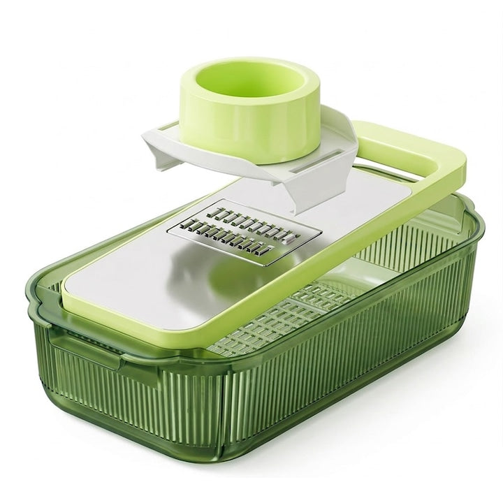 Feliator 7 in 1 Teno®, 5 accesorii de feliere, materiale rezistente, waterproof, protectie pentru mana, mandoline si razatoare, recipient de depozitare, verde deschis