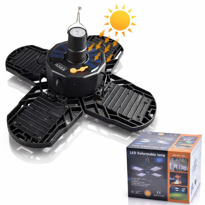Lampa Solara de Exterior Macvi® XF-702, 104 LED SMD, 5 Moduri Iluminare, Reglabila cu 4 Clape, Alimentare Solara/USB, Telecomanda Inclusa